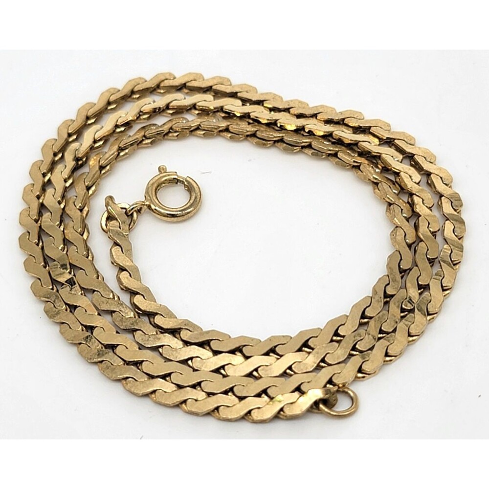 Gold Tone Herringbone Style Chain Necklace Unmarked Flat Link 18" Vintage Shiny!
